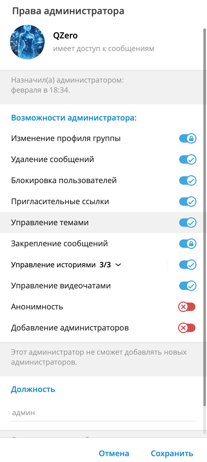 Права администратора для бота: Управление темами
